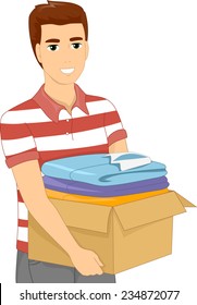 Illustration Of A Man Carrying A Heavy Box Filled With Clothes