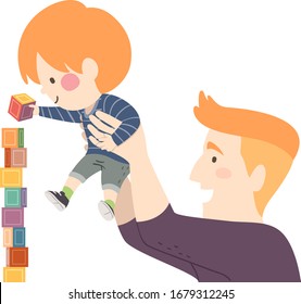 Illustration of a Man Carrying His Son, a Kid Boy Placing a Toy Block on Top of Tower Blocks