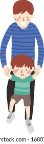 Illustration of a Man Carrying His Son on His Feet While Stepping. Father and Son Playing
