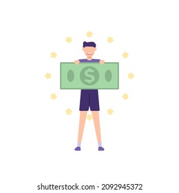 illustration of a man carrying or holding money. get jackpot prize, reward program. flat cartoon style. vector design. elements, ui, landing page