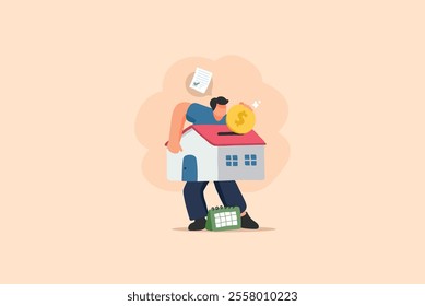 An illustration of a man carrying a house with a coin and a calendar, symbolizing mortgage debt, financial planning, and housing expenses. The playful style highlights the weight of responsibility.