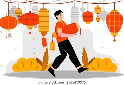 Illustration of man carrying a lantern with flat design vector illustration 