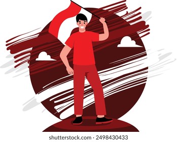 illustration of a man carrying a large Indonesian flag, a strong illustration with a high spirit of nationalism and full of enthusiasm. concept illustration of Indonesian independence day vector