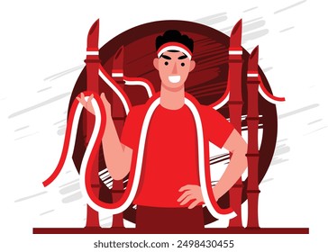 illustration of a man carrying a red and white ribbon, a strong illustration with a high spirit of nationalism and full of enthusiasm. concept illustration of Indonesian independence day vector