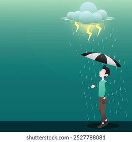 illustration of a man carrying an umbrella during rain and lightning