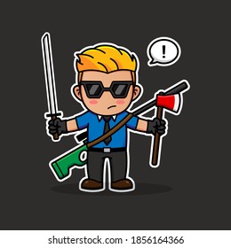 Illustration of man carrying various weapon
