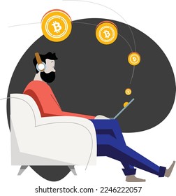 Illustration of man, cartoon sitting using laptop, working from home, isolated, investing in crypto.