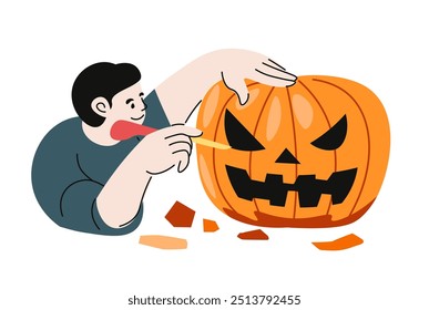 Illustration of a man carving a scary face on a Halloween pumpkin. Flat style vector illustration isolated on a white background.