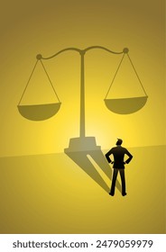 An illustration of a man casting a shadow of a justice scale on a wall as a symbol for a legal counselor. Lawyer concept and attorney symbol