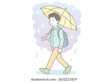 Ilustração de um homem com roupas casuais Caminhando com um guarda-chuva em um dia chuvoso
