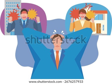 Illustration of a man caught between his company and his family