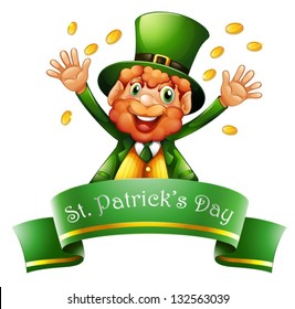 Illustration of a man celebrating St. Patrick's Day with coins on a white background