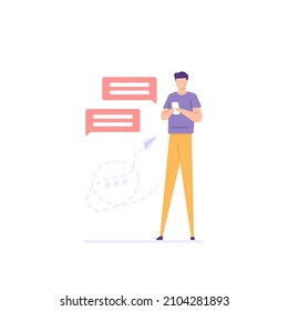 illustration of a man chatting, conversing, talking, dialogue, interacting using a smartphone. remote communication, virtual connection. people activity. flat cartoon style. vector design. ui