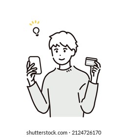 Illustration of man checking card statement on smartphone. Vector.