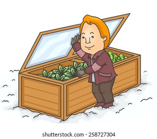 Illustration of a Man Checking the Cold Frame of His Winter Garden