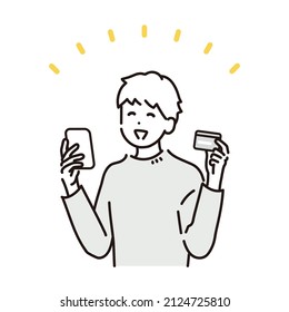 Illustration of a man checking the details of the card with her smartphone and rest assured. Vector.