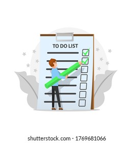 Ilustración de un hombre revisando para hacer papel de lista con un lápiz verde grande