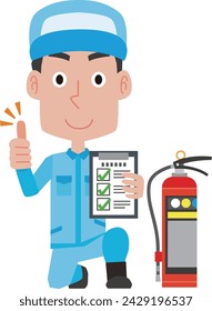 Illustration of a man checking a fire extinguisher