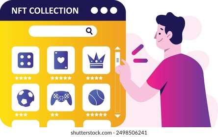 illustration of a man checking his NFT collection, vector illustration of NFT token sale technology for cryptocurrency. vector flat design concept