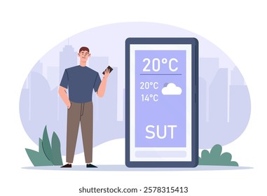 Illustration of a man checking his smartphone near a large digital weather display showing temperature and cloudy weather. Modern flat vector design. Vector illustration.