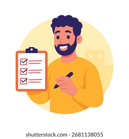 Illustration of a man checking off shopping list