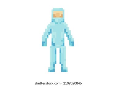 Illustration of a man in a chemical protection suit in pixel art style