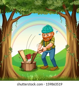 Illustration of a man chopping the woods near the trees