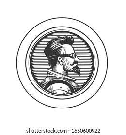 The illustration of a man in a circle in a style of steampunk