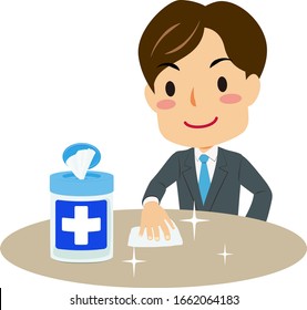 Illustration Of A Man Cleaning A Table With Disinfecting Wipes