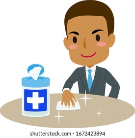 Illustration of a man cleaning a table with disinfecting wipes #04