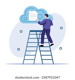 Illustration of a man climbing a ladder to access data in a cloud symbolizing cloud computing for technology and business solutions.