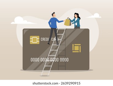 An illustration of a man climbing a ladder onto a giant credit card to deliver a shopping bag to a woman. This image represents the use of credit cards for shopping and transactions