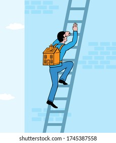 An illustration of a man climbing a ladder while carrying a small house strapped to his back. 
