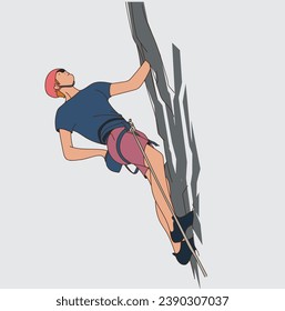 illustration man climbing rocky mountain vector