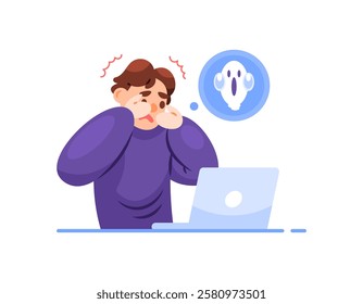 illustration of a man closing his eyes because of fear watching a ghost movie on his laptop. fear because of seeing a ghost. expression and gesture. flat style character design. elements