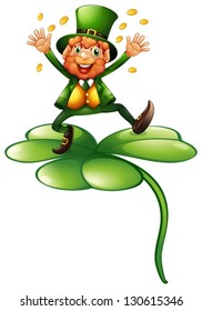 Illustration of a man with coins above the clover plant on a white background