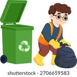 Illustration of Man Collecting Garbage with Recycling Bin