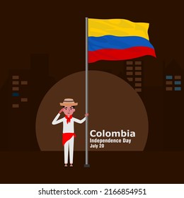 Illustration Of Man And Colombian Flag For Colombian Independence Day, July 20.