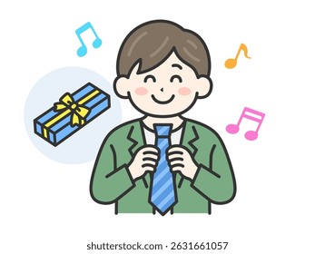 Illustration of a man (color line drawing) who is happy to receive a necktie as a present on Father's Day.