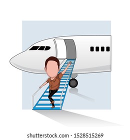 illustration of a man coming down from a plane, walking down the stairs while waving his hand. Vector cartoons that can be used for caricature or mascot templates with plain backgrounds.