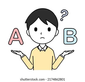 Illustration Of A Man Comparing A And B In Both Hands Troubled Face, Upper Body, Line Drawing.