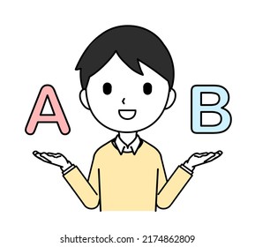 Illustration Of A Man Comparing A And B With Both Hands, Smiling, Upper Body, Line Drawing.