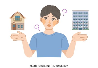 An illustration of a man comparing the differences between a single-family house and an apartment building