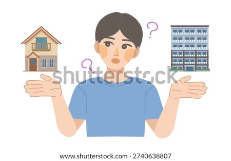 An illustration of a man comparing the differences between a single-family house and an apartment building
