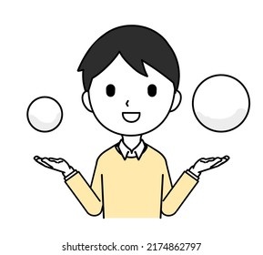 Illustration Of A Man Comparing Objects In Both Hands, Smiling, Upper Body, Line Drawing.