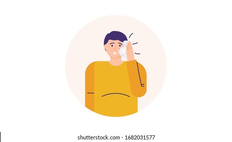 illustration of a man compressing his cheek with ice cubes due to a toothache. swollen cheeks. flat design