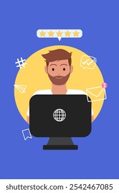 Illustration of a man at a computer with surrounding icons, including messages, notifications, hashtags, and a five-star rating. Perfect for themes of online reputation, digital communication