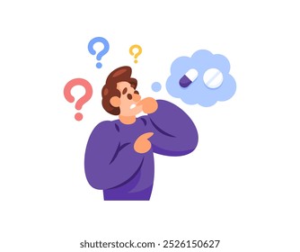 illustration of a man confused to choose medicine or supplement. confusion to buy or use medicine. facial expression. health and medicine. flat style character design. elements