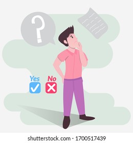 Illustration man confused choosing option yes or no approval offer