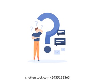 Illustration of a man confused with question mark symbols. Concept of Frequently asked questions or FAQs. QnA or questions and answers. Online Support Center. illustration concept design. graphic